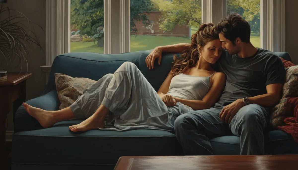 בני זוג מכורבלים על הספה