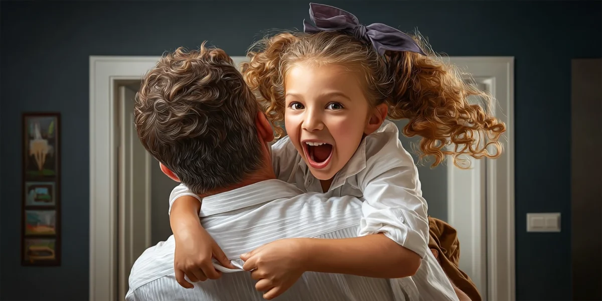 ילדה מאושרת על כתפו של אביה שחזר הביתה