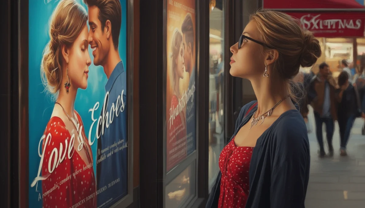 אישה מפנטזת מול פוסטר פרסומת של סרט קולנוע