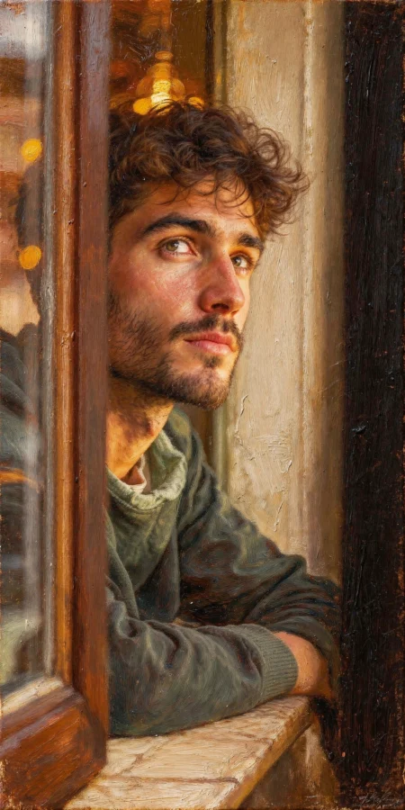 בחור מהורהר מביט מהחלון