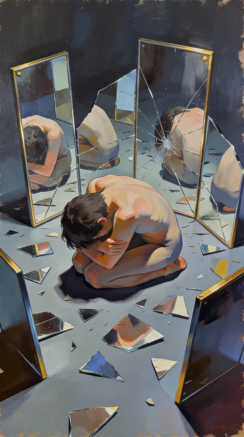 אילוסטרציה של בושה. גבר מסתתר ומרגיש עירום