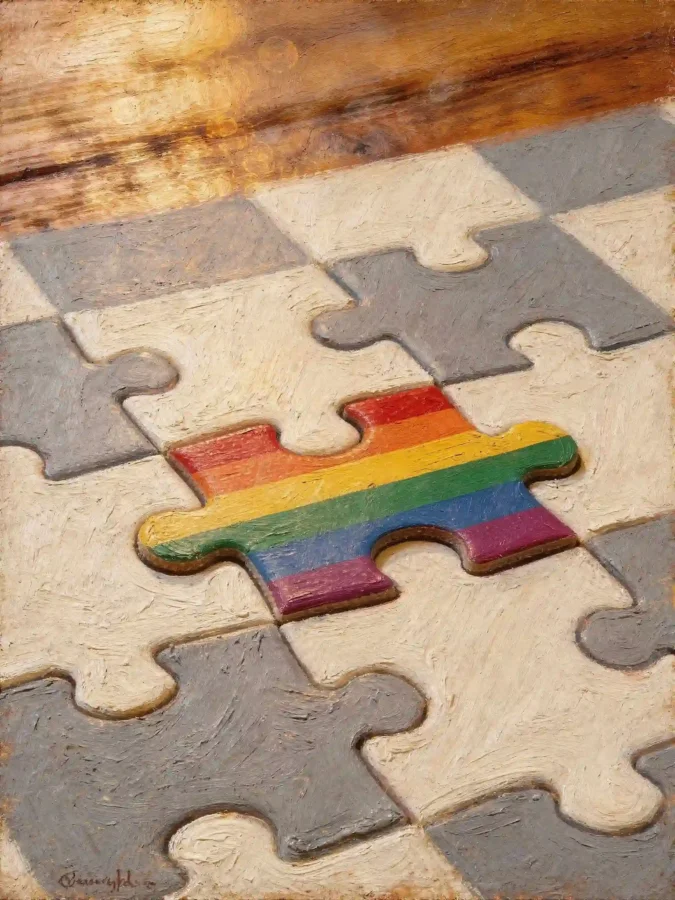 פאזל בצבעי אפור ולבן, עם פיסת פאזל אחת בצבעי גאווה.