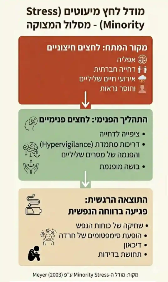 מודל לחץ מיעוטים מסביר כיצד השפעות של דחייה חברתית והומופוביה יוצרות מצוקה ונזקים בקרב להט"ב, לבריאותם הנפשית והפיזית