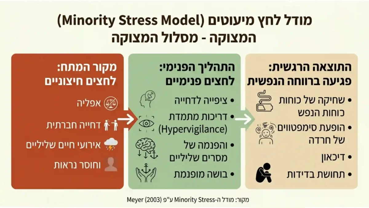 מודל לחץ מיעוטים מסביר כיצד השפעות של דחייה חברתית והומופוביה יוצרות מצוקה ונזקים בקרב להט"ב, לבריאותם הנפשית והפיזית