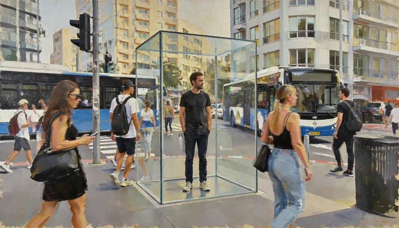 אילוסטרציה של בחור המנותק מהסביבה והחיים שבחוץ. הוא עומד במעין קוביית זכוכית ולא בא במגע עם החיים שמסביבו