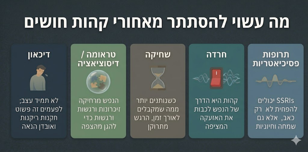גורמים אפשריים לקהות חושים: דיכאון, חרדה, שחיקה, טראומה ודיסוציאציה, תרופות פסיכיאטריות